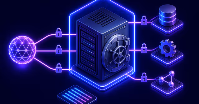 VPS como cofre técnico com três ferramentas protegidas por controles de acesso e logs