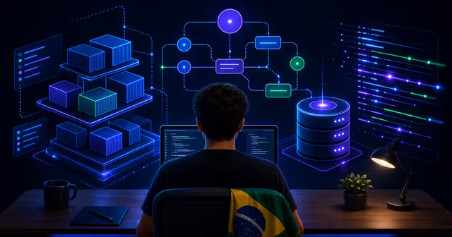 Desenvolvedor implantando agente de IA com containers, fluxo de LangChain e banco vetorial em VPS