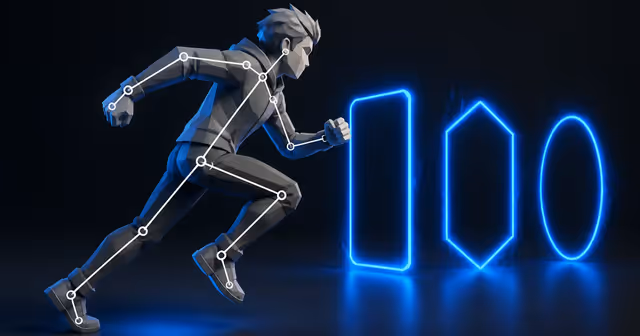 Personagem 3D low-poly em corrida com rig técnico e três portais abstratos para engines de jogo