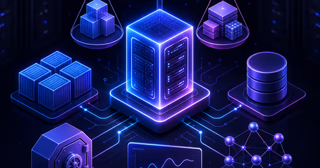 Ilustração editorial de uma VPS conectada a containers, banco de dados, backup e monitoramento