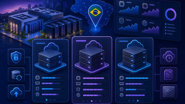 Ilustração editorial: comparação de decisão para escolher VPS NVMe no Brasil em 2026, com nuvem, gráficos de recursos e operação local.