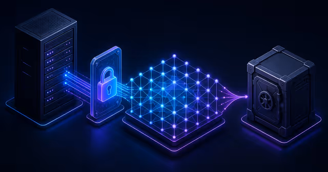 Ilustração de um servidor VPS conectado com segurança a um banco vetorial e a um armazenamento externo de backup.