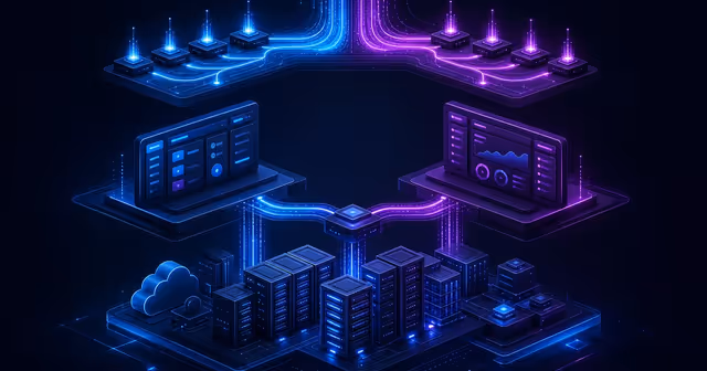 Arquitetura em camadas com VPS na base, dois painéis alternativos e servidor web complementar