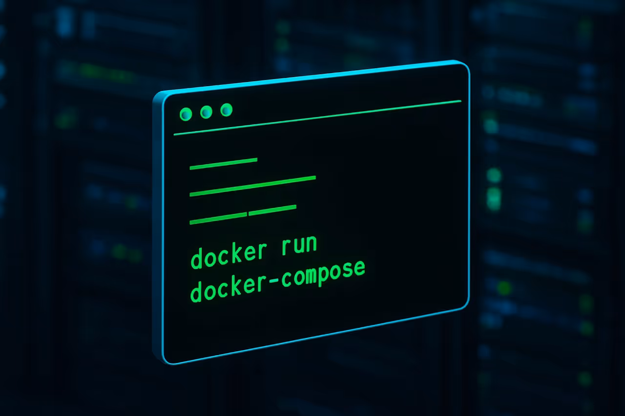 Terminal Linux com comandos Docker como docker ps, docker run e docker compose em ambiente VPS escuro
