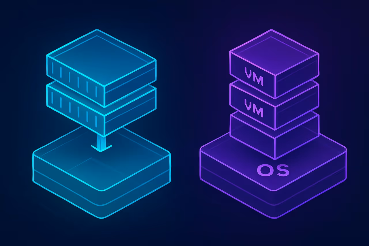 Diagrama comparativo entre container Docker e maquina virtual mostrando camadas de virtualizacao e kernel compartilhado