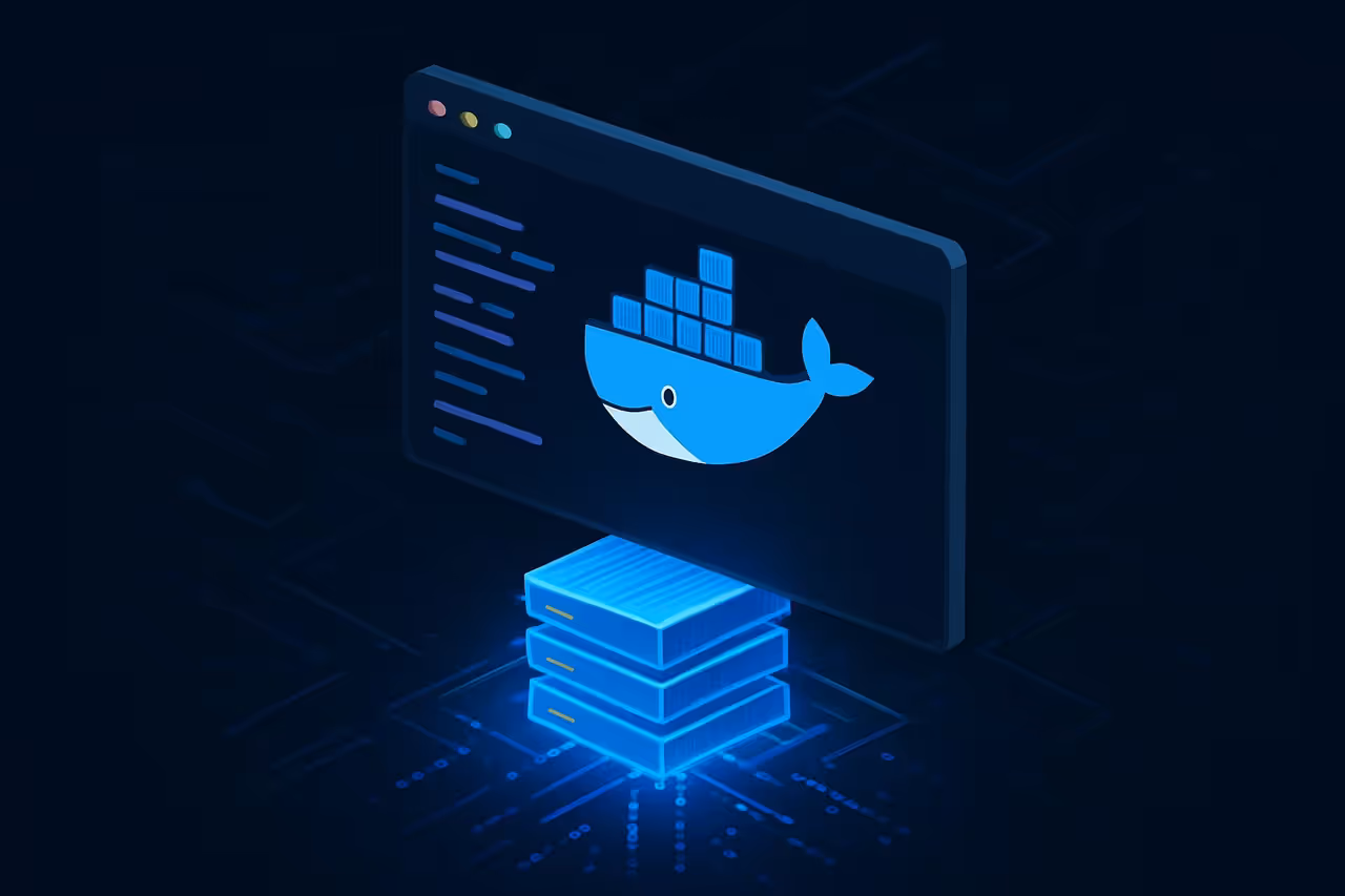 Container Docker em ambiente VPS com interface de terminal, servidores em rack e infraestrutura em nuvem