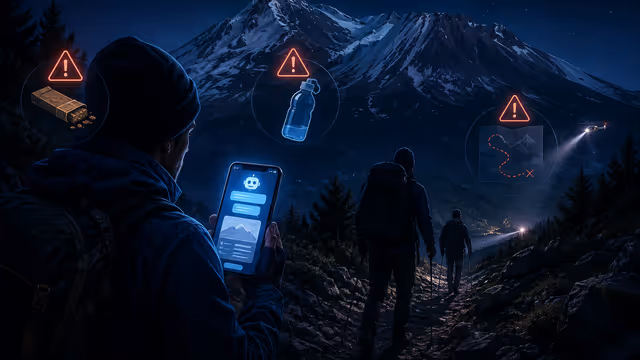 Imagem ilustrativa de três hikers em uma trilha noturna consultando um roteiro de IA, com alertas sobre comida, água e rota