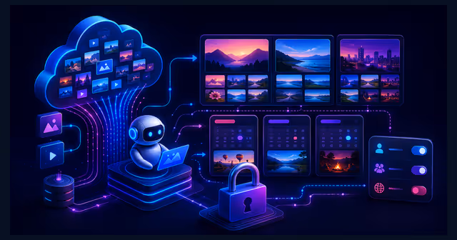 Ilustração de um agente de IA organizando fotos na nuvem com cadeado e controles de privacidade