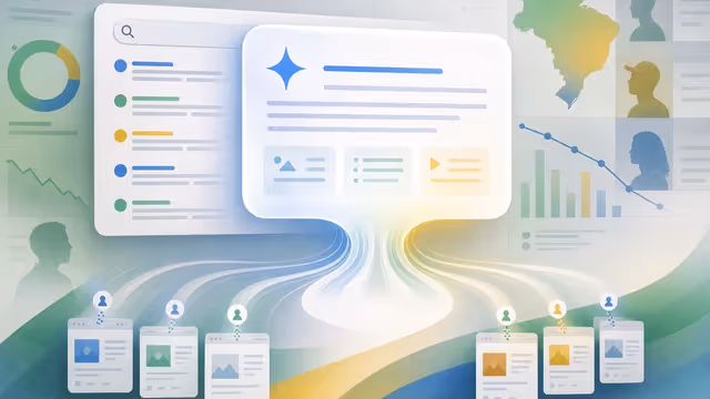 Ilustração editorial: página de busca do Google com IA transformando a resposta em painel e reduzindo cliques para sites.