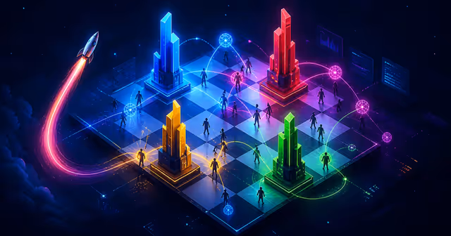 Ilustração editorial da reorganização da Google DeepMind como um tabuleiro estratégico de laboratórios de IA