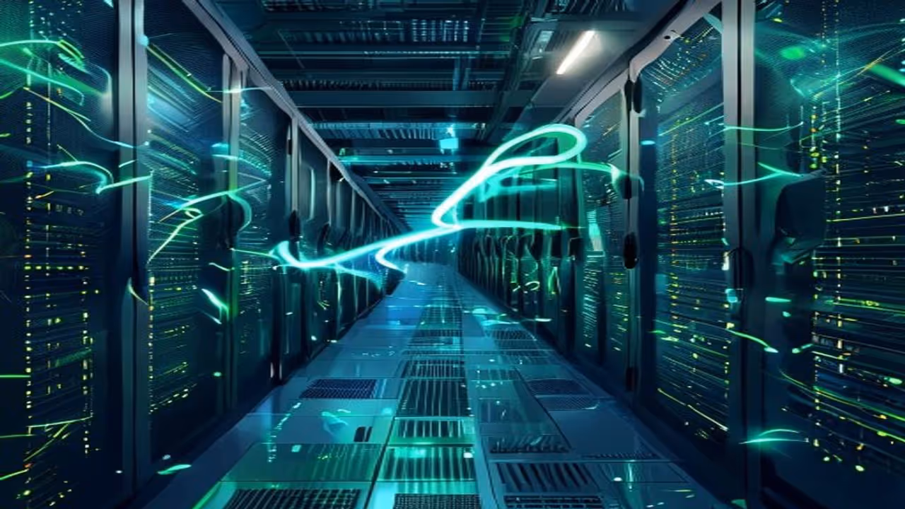 Ilustração editorial: data center com chip de IA e streams de Gemini, eficiência energética e servidores em escala.