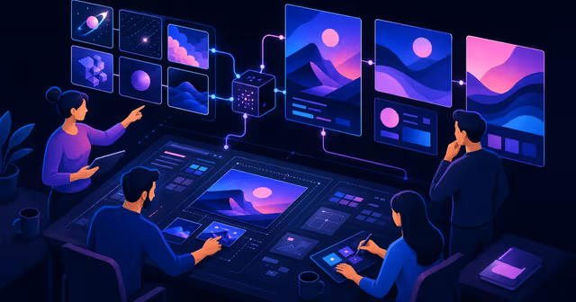 Equipe pequena cria peças visuais com IA em um ambiente de trabalho digital