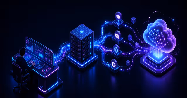 Ilustração de agente de IA conectado a VPS e APIs externas