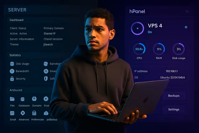 Comparação visual entre Napoleon (cPanel azul escuro tradicional) e Hostinger (hPanel moderno roxo/neon) com desenvolvedor brasileiro no centro escolhendo