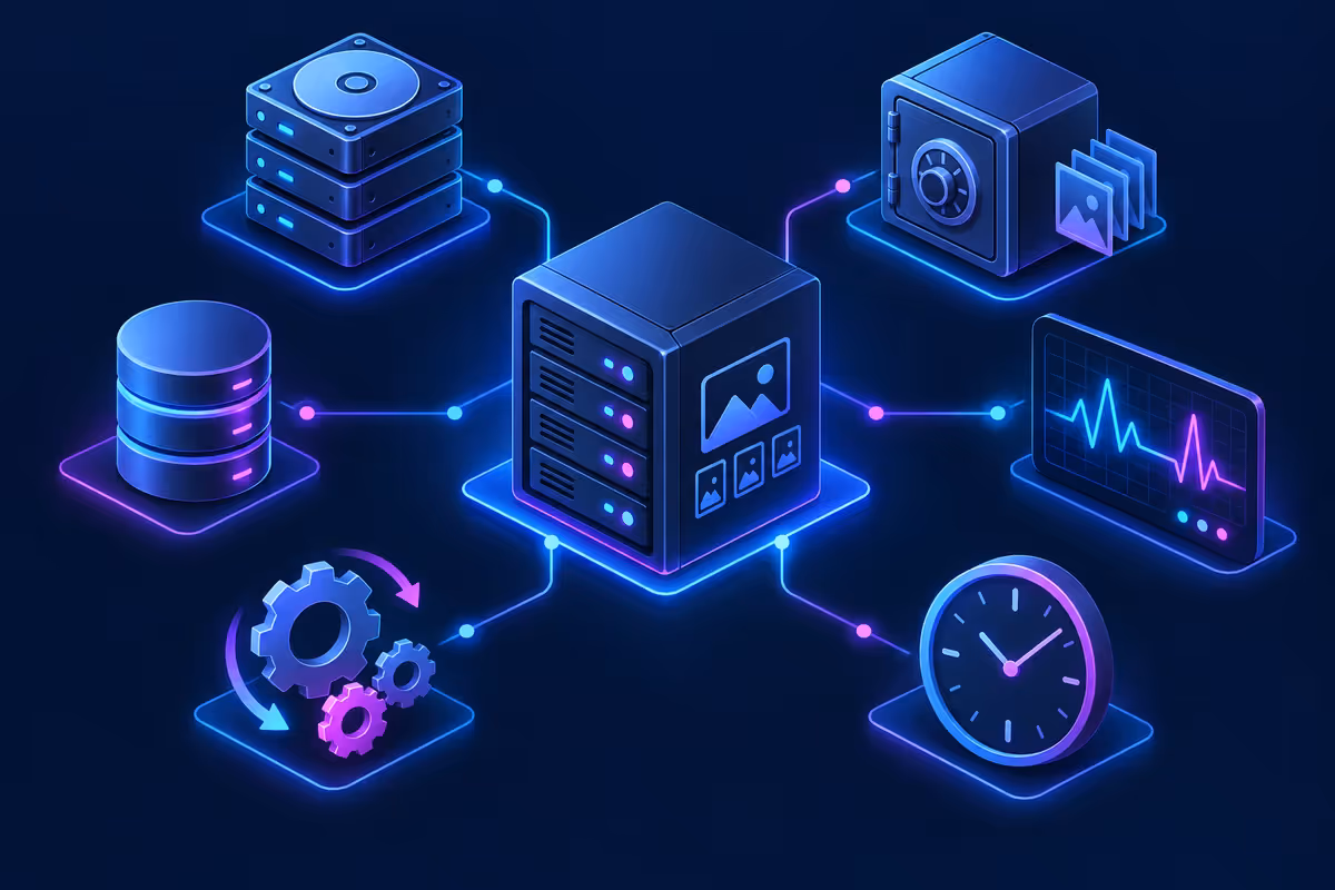 Diagrama de servidor de fotos conectado a disco, backup, banco, monitoramento, atualização e tempo