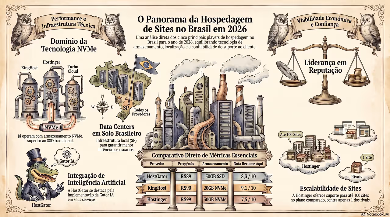 Infográfico comparativo entre HostGator, Locaweb, KingHost, Hostinger e Turbo Cloud em 2026 com preços, armazenamento e reputação