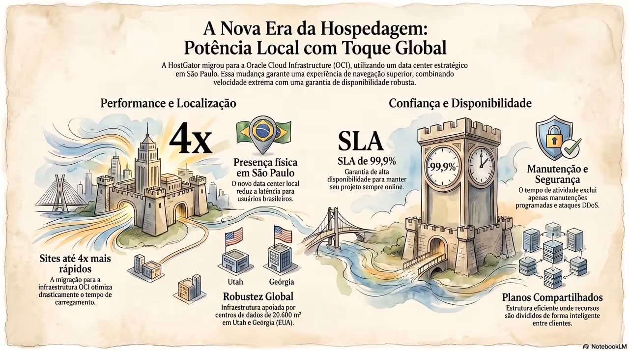 Infográfico mostrando a infraestrutura Oracle Cloud da HostGator em São Paulo com SLA 99,9% e data centers nos EUA