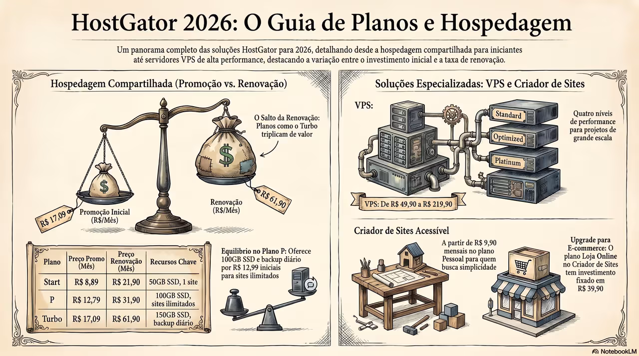 Infográfico com tabela de planos de hospedagem compartilhada HostGator 2026: Start, P, M e Turbo com preços promocionais e de renovação