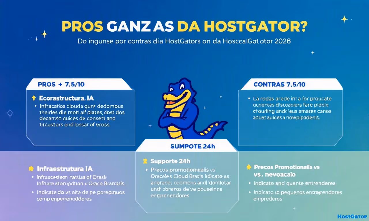 Infográfico com os pró e contras da HostGator 2026: nota 7,5/10, ecossistema IA, Oracle Cloud, suporte 24h e preços de renovação