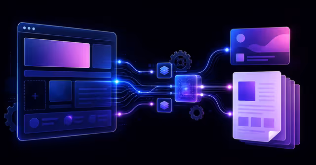 Ilustração de um template HTML sendo convertido em card social e documento PDF por um fluxo automatizado
