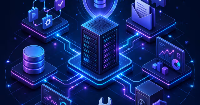 Servidor VPS conectado a módulos de automação, atendimento, análise, monitoramento e segurança