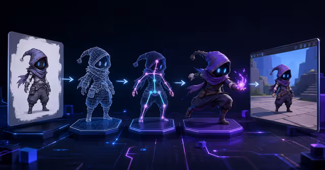 Pipeline visual de personagem 3D passando por conceito, malha, rig, animação e engine de jogo