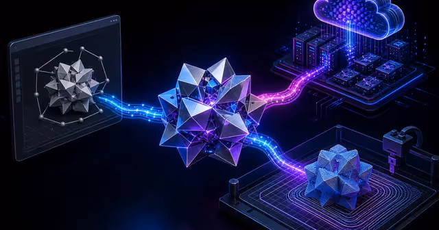 Ilustração 3D de um objeto gerado por IA seguindo para uma engine de jogo, um fatiador de impressão 3D e um pipeline de GPU em nuvem.