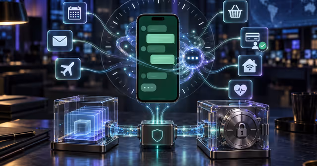 Smartphone com agente pessoal de IA conectado a calendário, e-mail, compras, pagamentos e cofre de privacidade