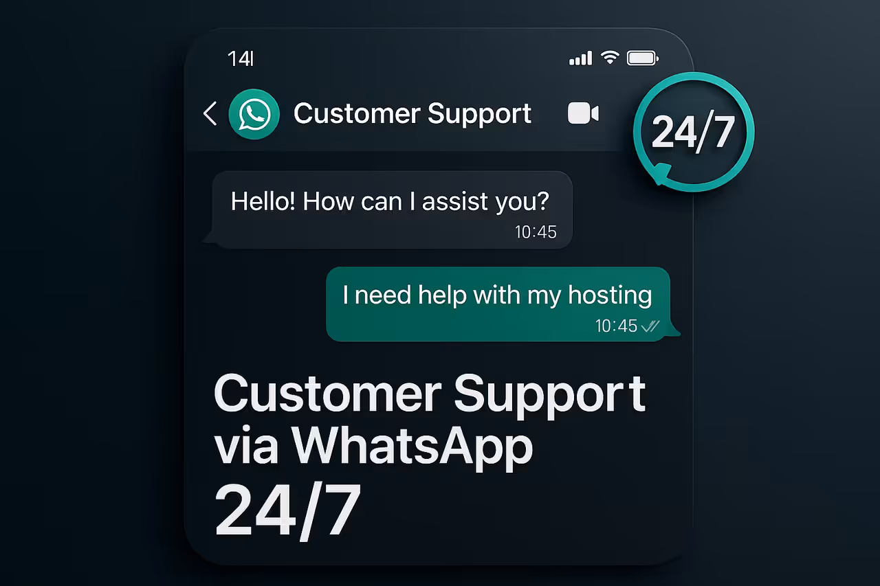 Conceito visual de suporte ao cliente 24 horas via WhatsApp com interface de chat e ícone 24/7 em fundo escuro