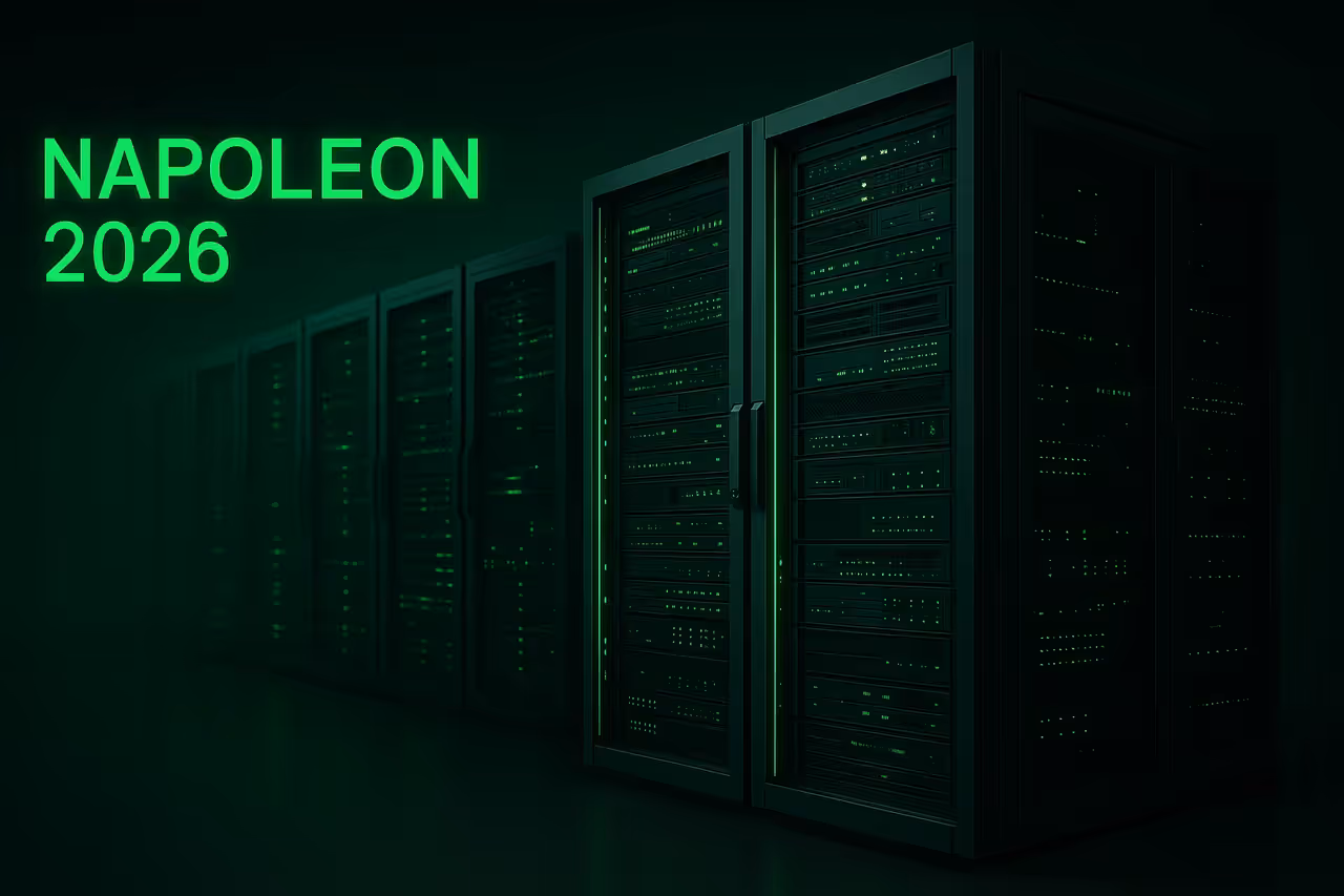 Capa do artigo Napoleon Hospedagem em 2026: Review Completo — fundo escuro com detalhes verde neon, servidores e infraestrutura digital