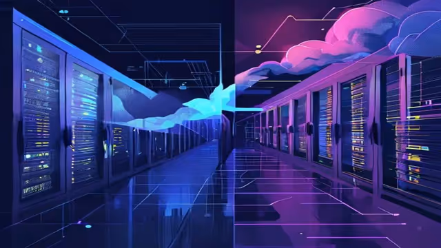 Ilustração editorial do comparativo Napoleon vs Locaweb 2026, duas hospedagens de site brasileiras lado a lado com data center e infraestrutura cloud