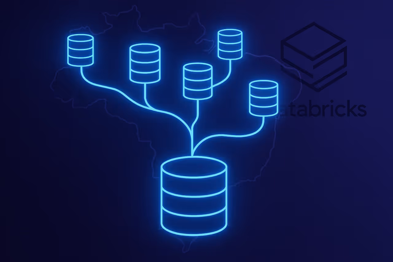 Ilustracao conceitual do Neon Database com branches como Git e logo Databricks ao fundo