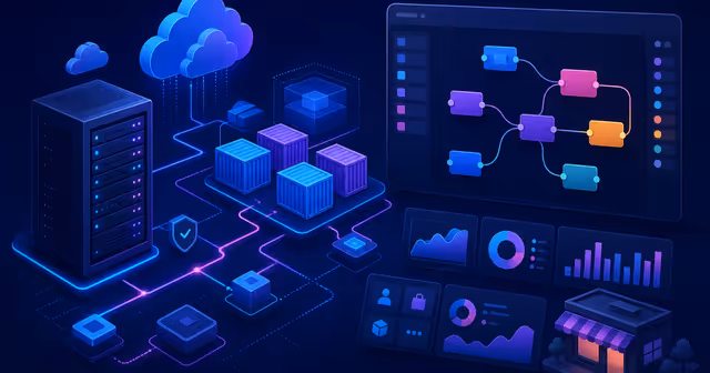 Ilustração editorial de um fluxo visual de automação em containers conectados a uma VPS