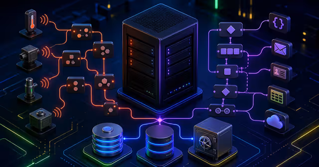 Ilustração de fluxos Node-RED com sensores e n8n com apps convergindo em uma VPS com banco de dados e backup