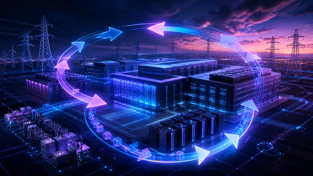 Ilustração editorial de data centers de IA conectados à rede elétrica em um ciclo de investimento