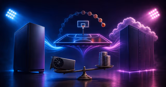 Ilustração editorial compara PC gamer, GPUs na nuvem e custo de hardware na geração de quadros por IA em um jogo de basquete.