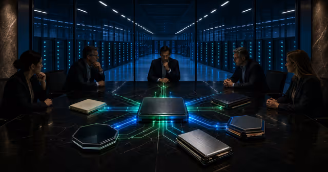 Executivos analisam chips de IA conectados por linhas verdes e azuis diante de racks de data center