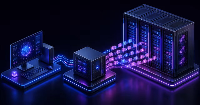 Ilustração compara uma estação desktop, um servidor de automação e um rack de GPU para LLM local