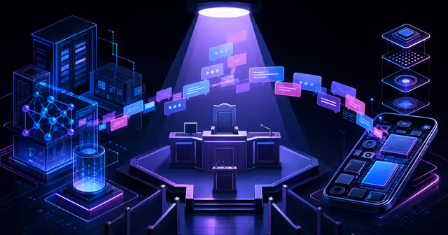 Ilustração de tribunal tecnológico com mensagens entre laboratório de IA e protótipo de smartphone