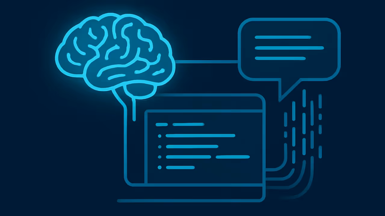 Ilustração editorial mostrando um cérebro brilhante se fundindo com interface de computador, com fluxos de código entrando em um balão de chat, simbolizando o ChatGPT como agente de programação — tons azul escuro e ciano