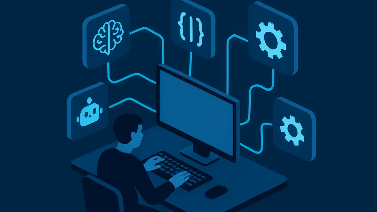 Ilustração isométrica mostrando um desktop de desenvolvedor com ícones de APIs de IA conectados por linhas brilhantes, representando a integração de ChatGPT, Codex e ferramentas de automação em plataforma única — tons azul escuro e ciano