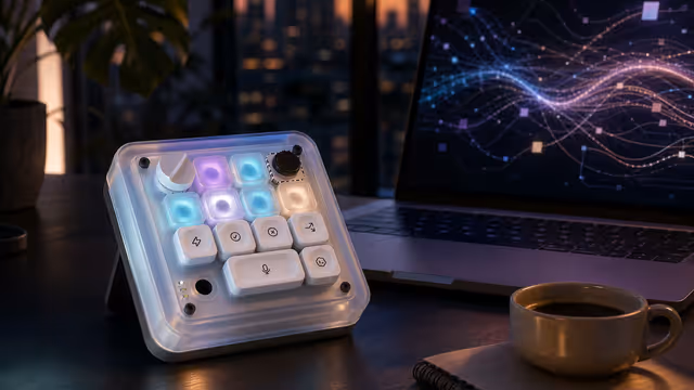 Ilustração editorial: teclado de microcontrolador da OpenAI com teclas para agentes de IA