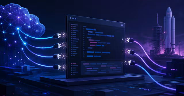 Editor de código entre cabos de modelos de IA desconectados e um foguete ao fundo.