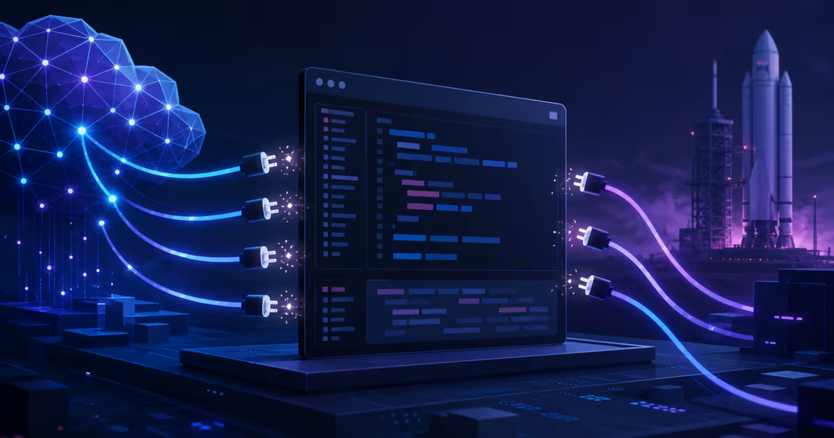 Editor de código entre cabos de modelos de IA desconectados e um foguete ao fundo.