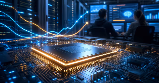 Chip de inferência de IA em destaque sobre placa eletrônica, com data center e painéis de desempenho ao fundo