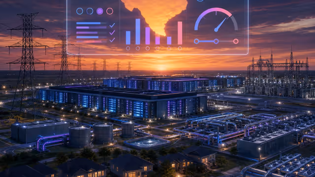 Data center de IA no Texas conectado à rede elétrica, com resfriamento por água e casas próximas