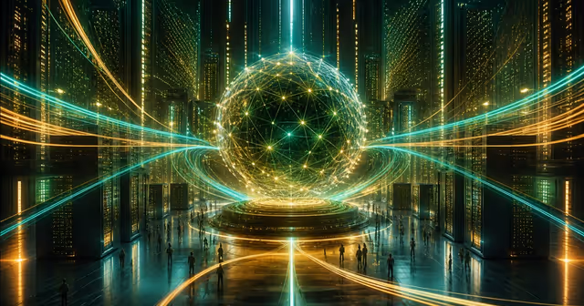 Núcleo de inteligência artificial conectado a servidores e fluxos de dados em alta velocidade
