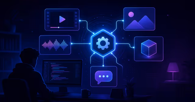 Hub de APIs de IA conectando modelos de vídeo, imagem, áudio, 3D e chat em uma única integração