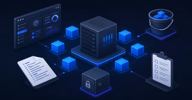 Ilustração isométrica de uma VPS com containers, painel, arquivo Compose, cofre de segredos, backup externo e checklist de restauração