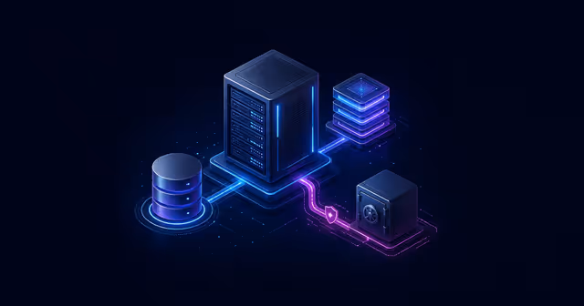 Ilustração de VPS conectada a PostgreSQL, cache em memória e cofre de backup externo
